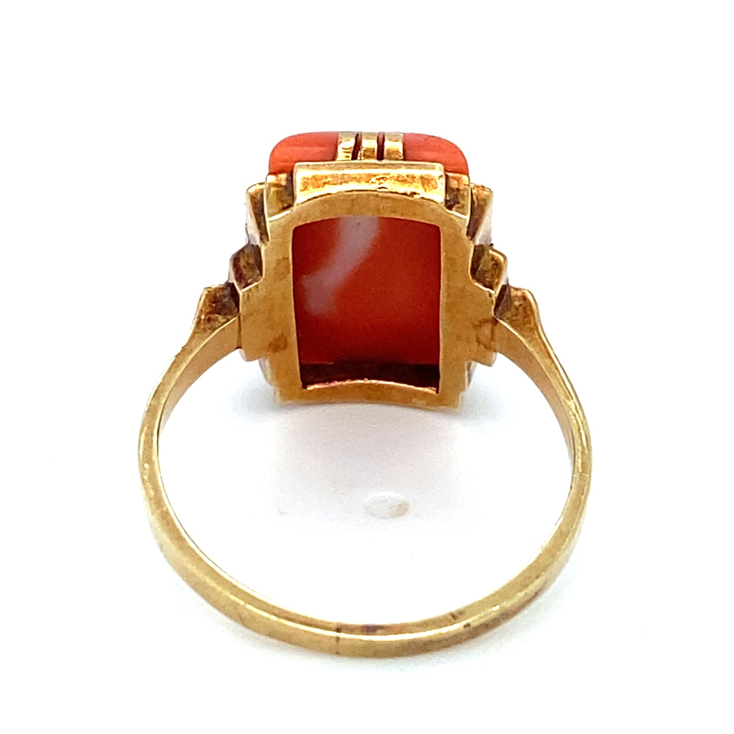 Circa 1940s Art Deco Style Rectangular Coral Ring in 14K Gold