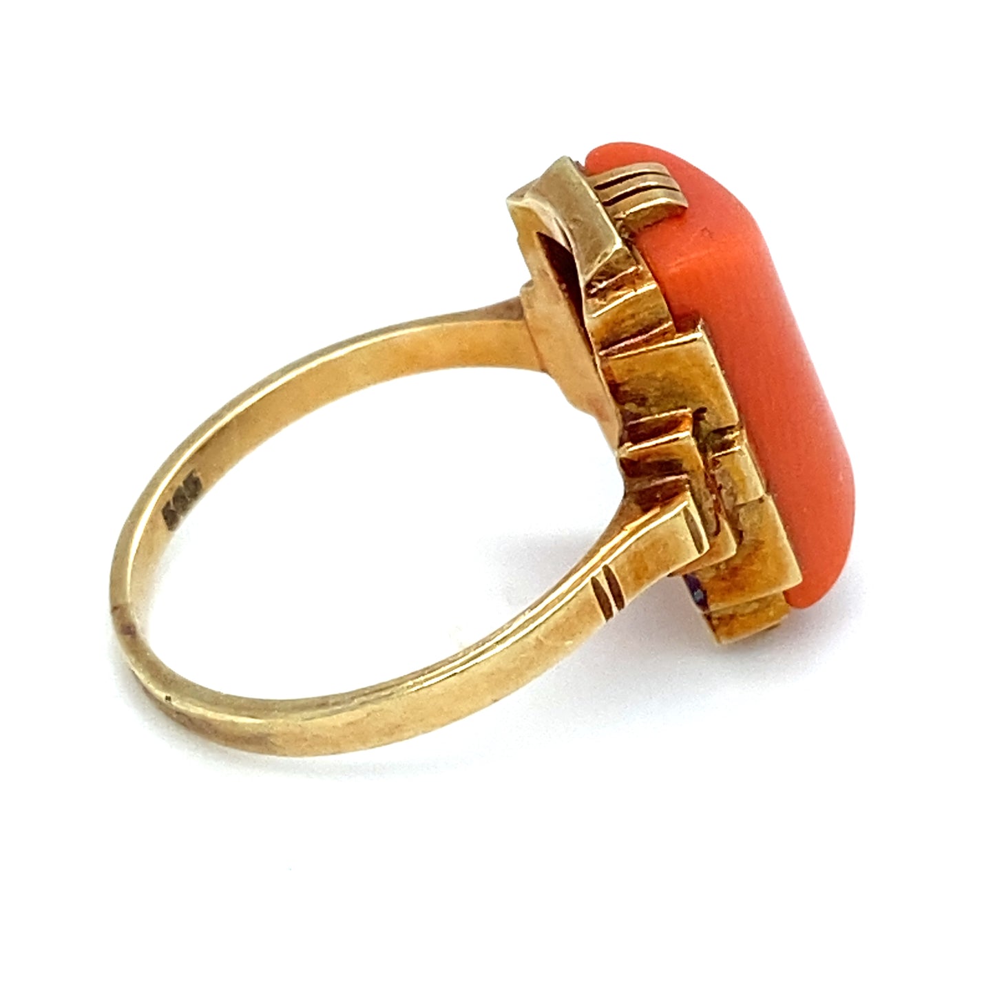 Circa 1940s Art Deco Style Rectangular Coral Ring in 14K Gold