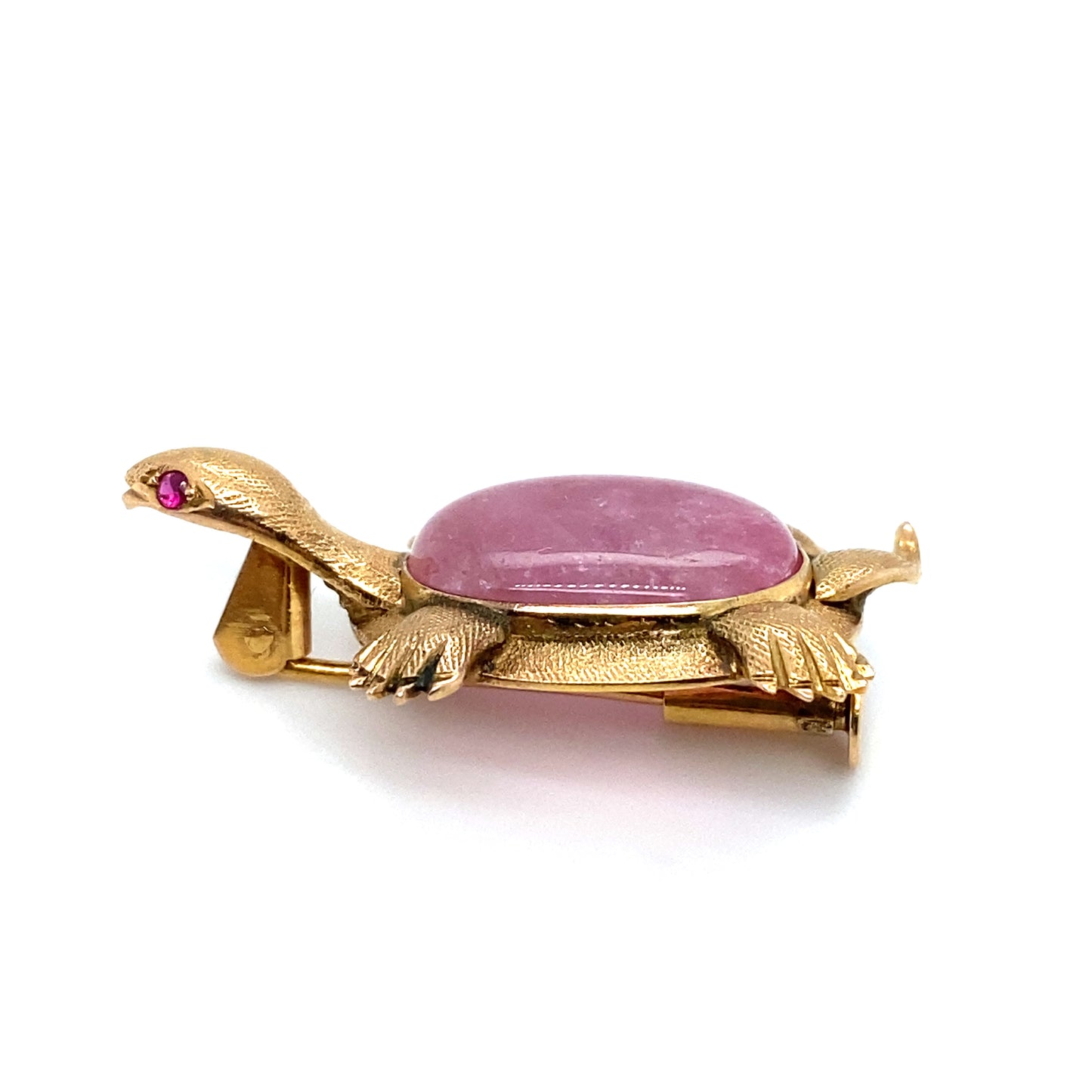 Circa 1960s Pink Tourmaline and Ruby Turtle Brooch in 14K Gold
