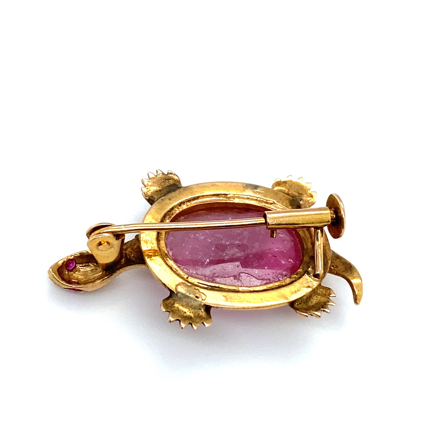 Circa 1960s Pink Tourmaline and Ruby Turtle Brooch in 14K Gold