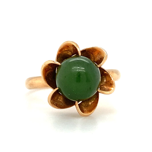 Circa 1950s Green Jade Flower Ring in 18K Gold