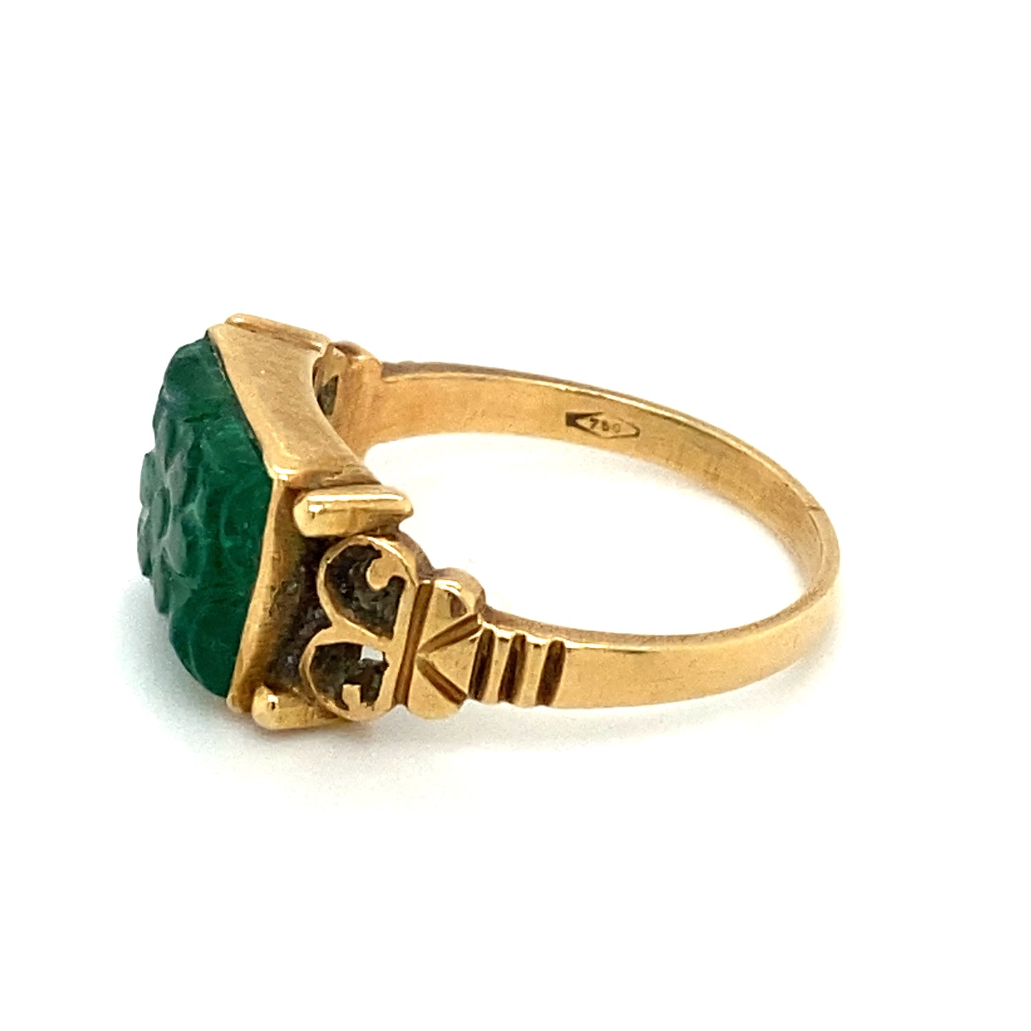Circa 1920s Carved Emerald Flower Ring in 18K Gold