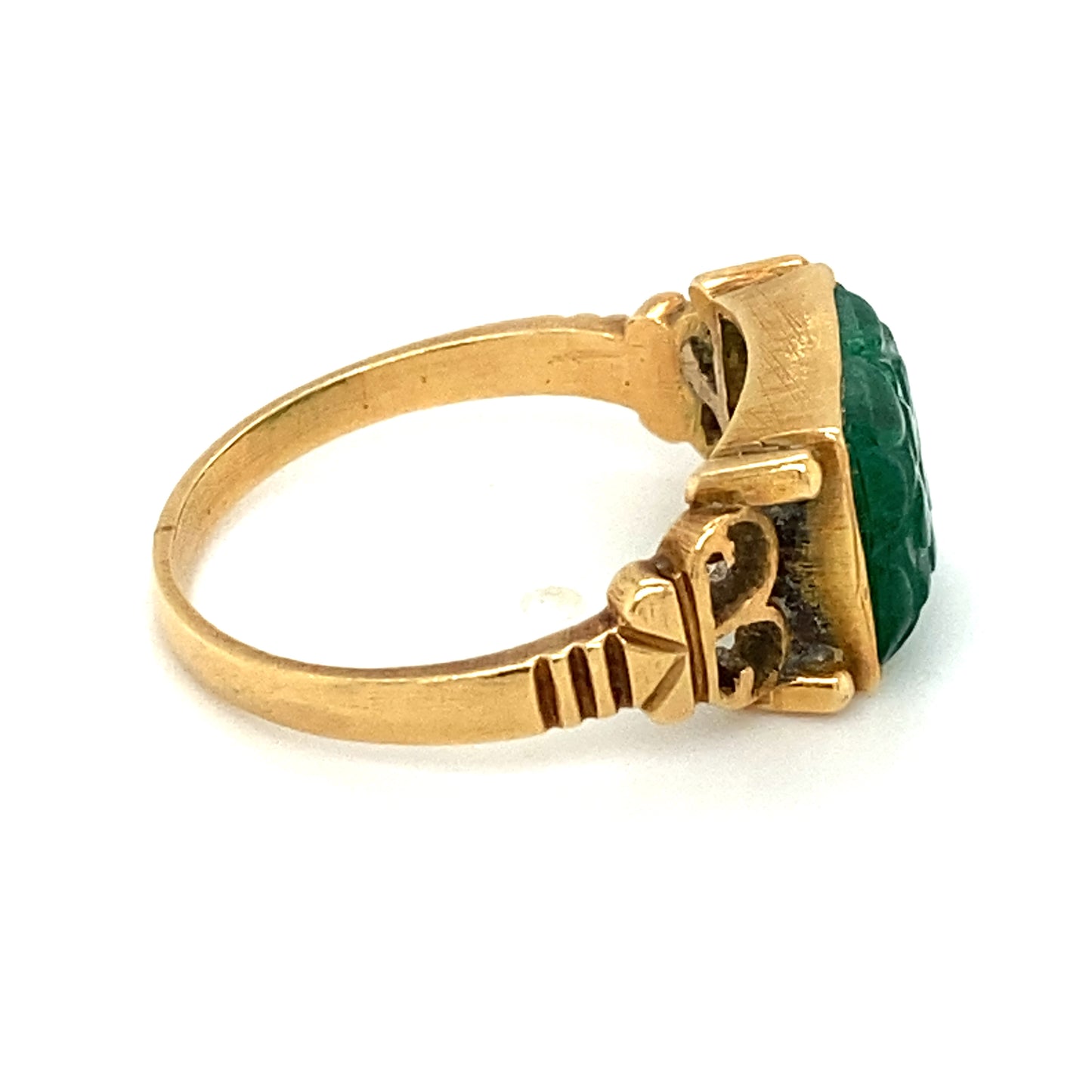 Circa 1920s Carved Emerald Flower Ring in 18K Gold