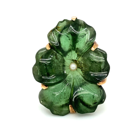 Circa 1930s Carved Tourmaline and Pearl Cocktail Ring in 14K Gold
