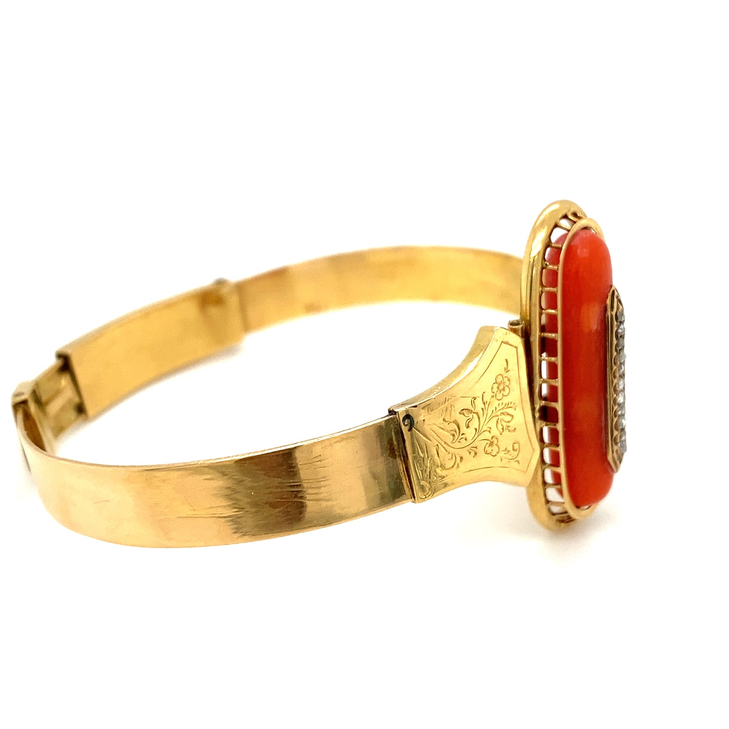 Circa 1890s Victorian Coral and Diamond Bracelet in 14K Gold