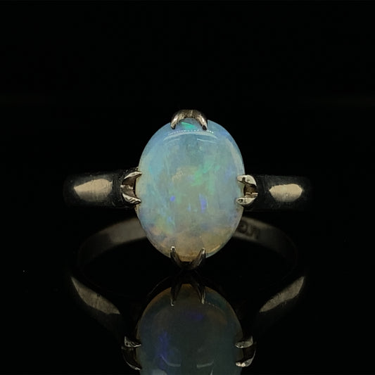 Circa 1910s Edwardian Oval Opal Ring in 14K White Gold