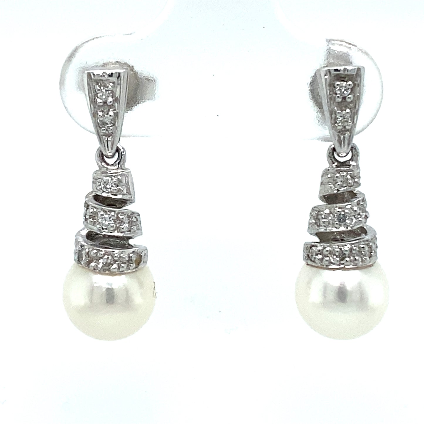 Circa 1990s Diamond and Pearl Spiral Drop Earrings in 14K White Gold