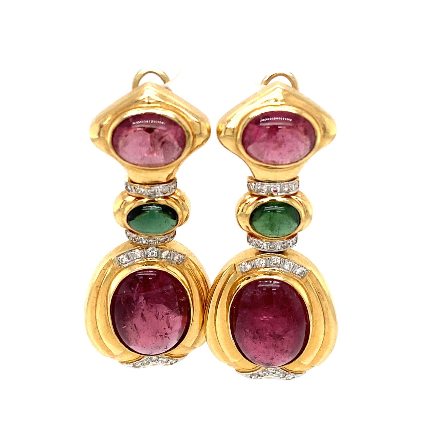Circa 1980s Tourmaline and Diamond Dangle Earrings in 14K Gold