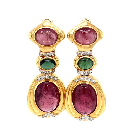 Circa 1980s Tourmaline and Diamond Dangle Earrings in 14K Gold