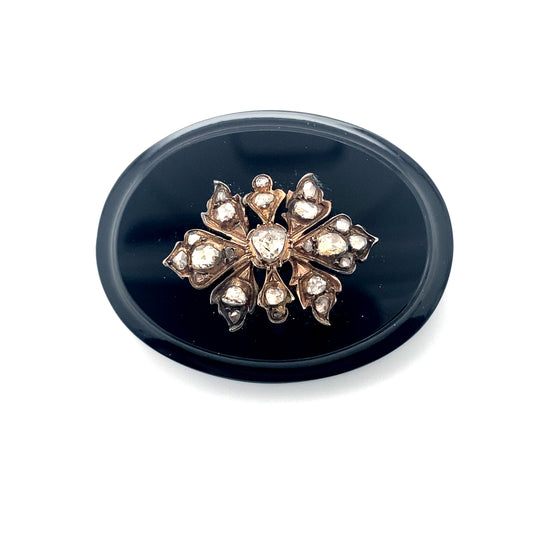 Circa 1880s Victorian Onyx Mourning Brooch with Diamonds in 10K Rose Gold
