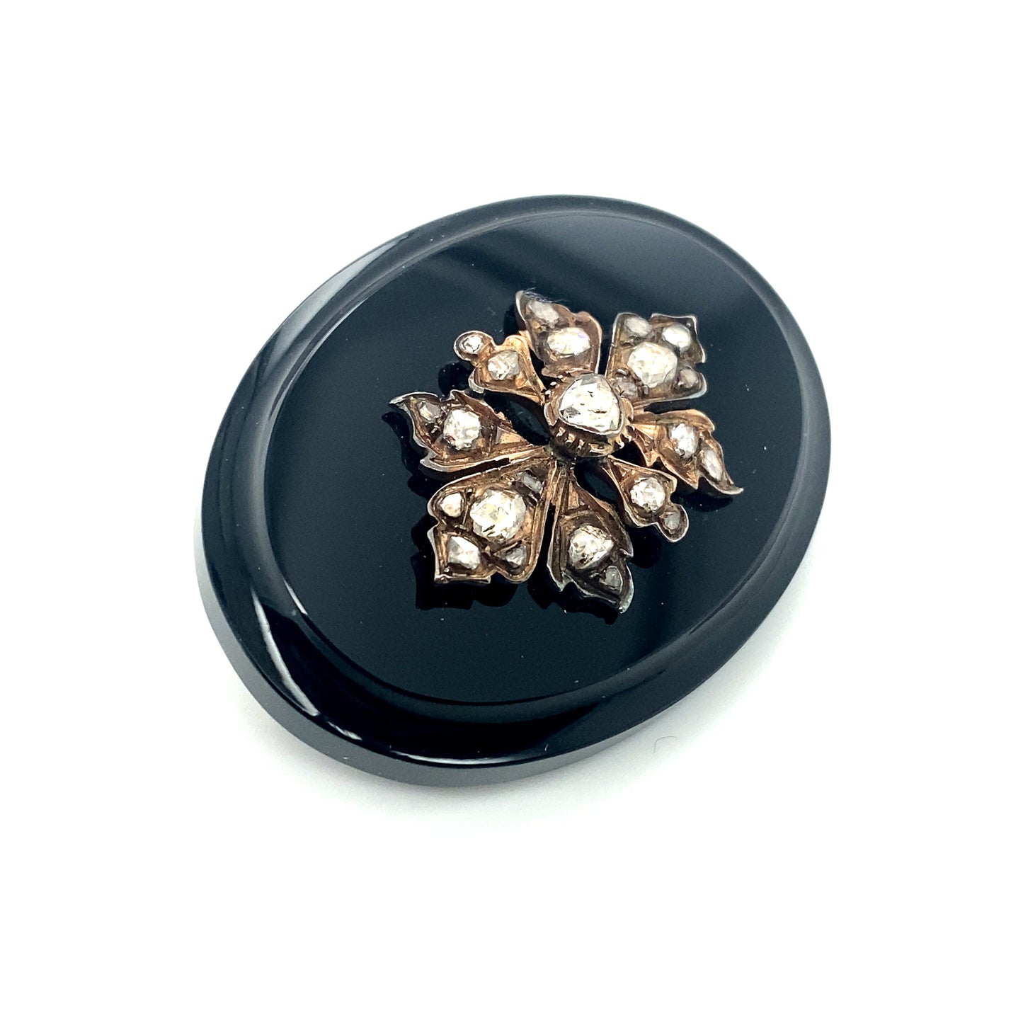 Circa 1880s Victorian Onyx Mourning Brooch with Diamonds in 10K Rose Gold