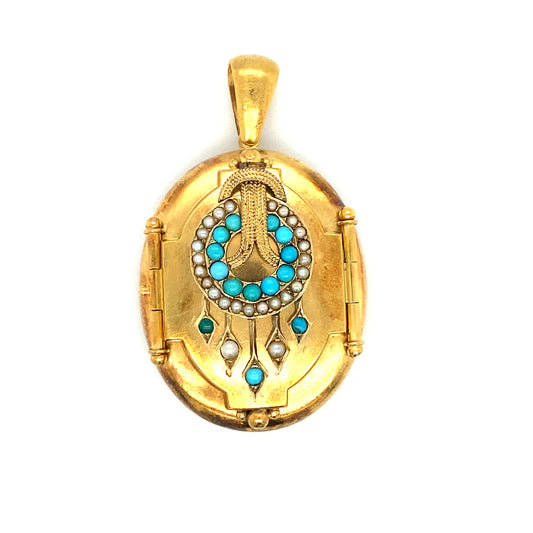 Circa 1870s English Victorian Pearl and Turquoise Locket Pendant in 18K Gold