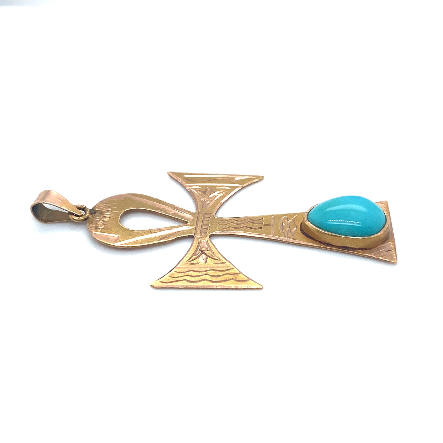 Circa 1970s Egyptian Ankh Turquoise Pendant in 18K Gold