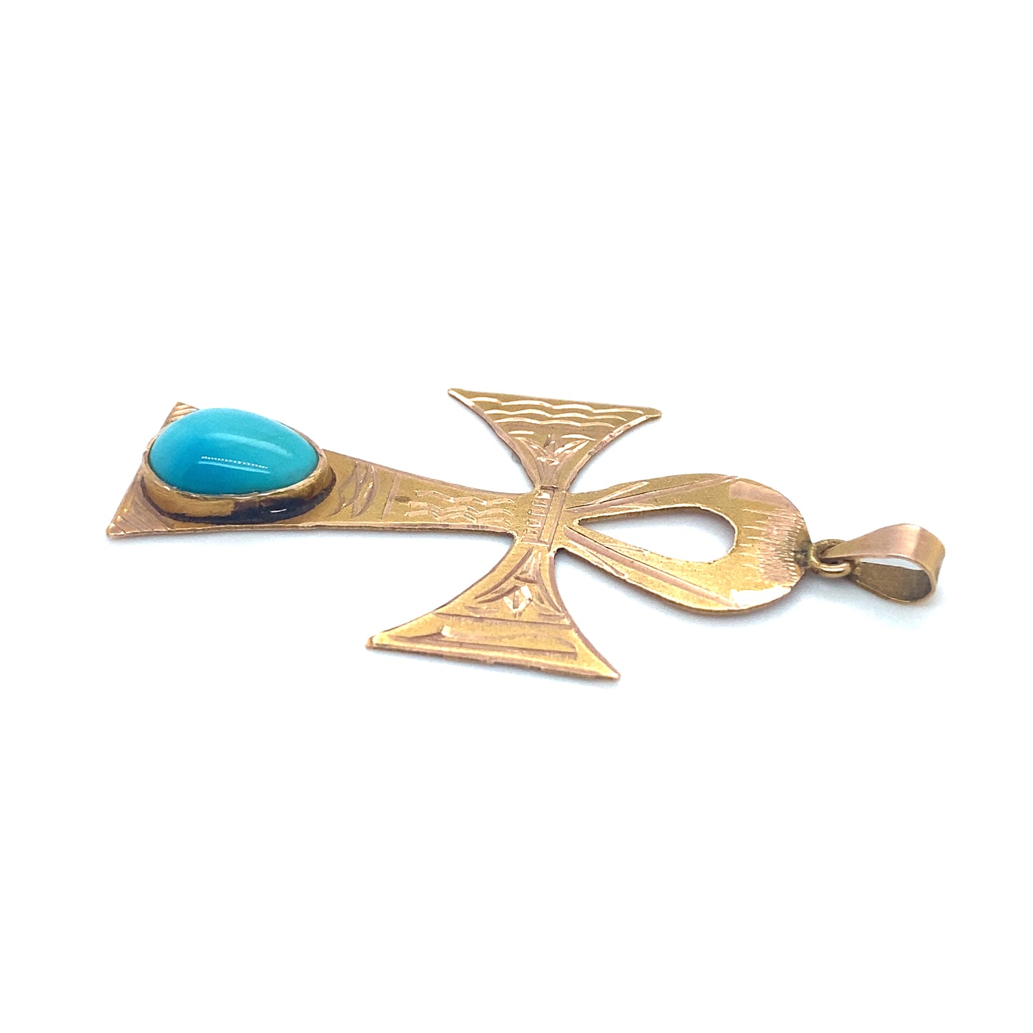 Circa 1970s Egyptian Ankh Turquoise Pendant in 18K Gold