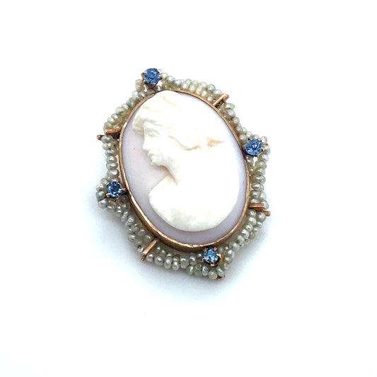 Circa 1910s Edwardian Sapphire and Pearl Cameo Pin in 10K Gold