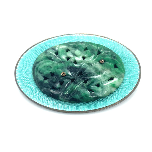 Circa 1950s Jade Carving and Enamel Oval Brooch in Sterling Silver