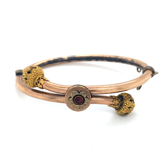 Circa 1880s Hinged Baby Bracelet with Red Gemstone in Rose Gold Fill