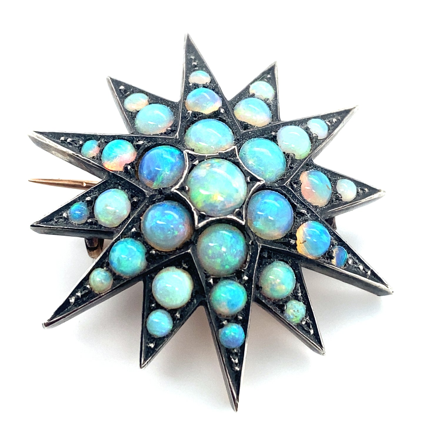 Circa 1880s Victorian Opal Starburst Brooch in Silver and Rose Gold