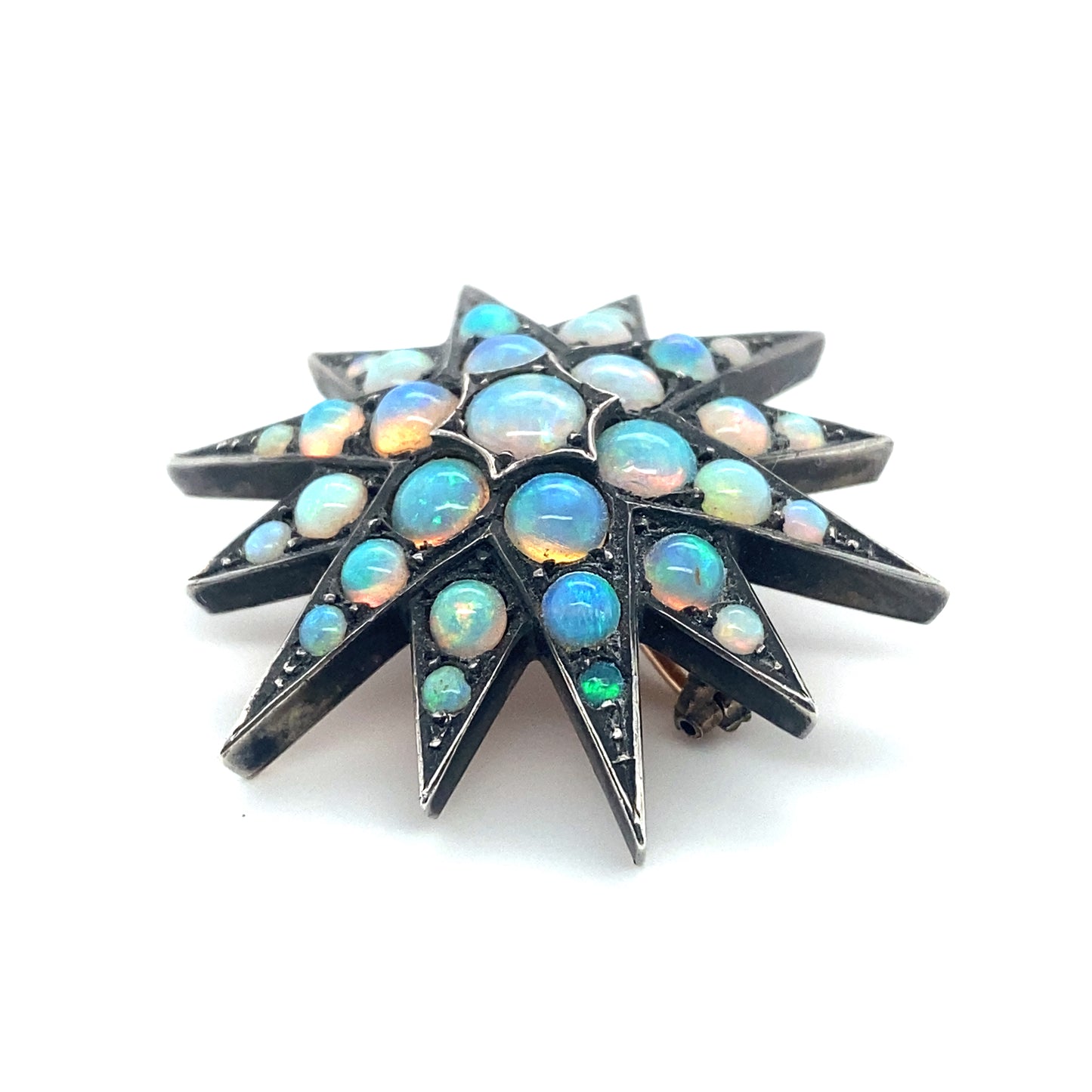 Circa 1880s Victorian Opal Starburst Brooch in Silver and Rose Gold