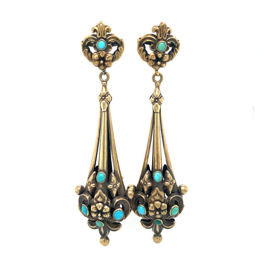 Circa 1860s Victorian Turquoise Dangle Earrings in 10K Gold