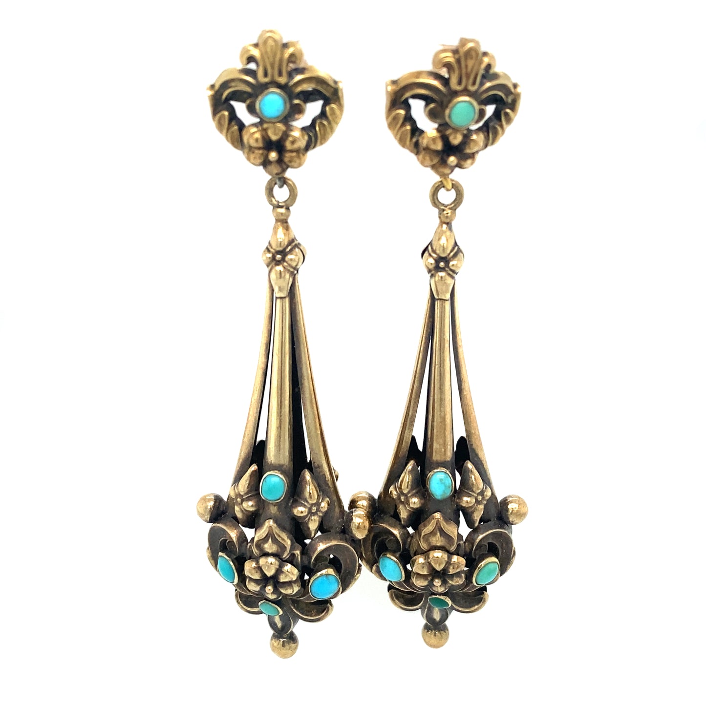 Circa 1860s Victorian Turquoise Dangle Earrings in 10K Gold