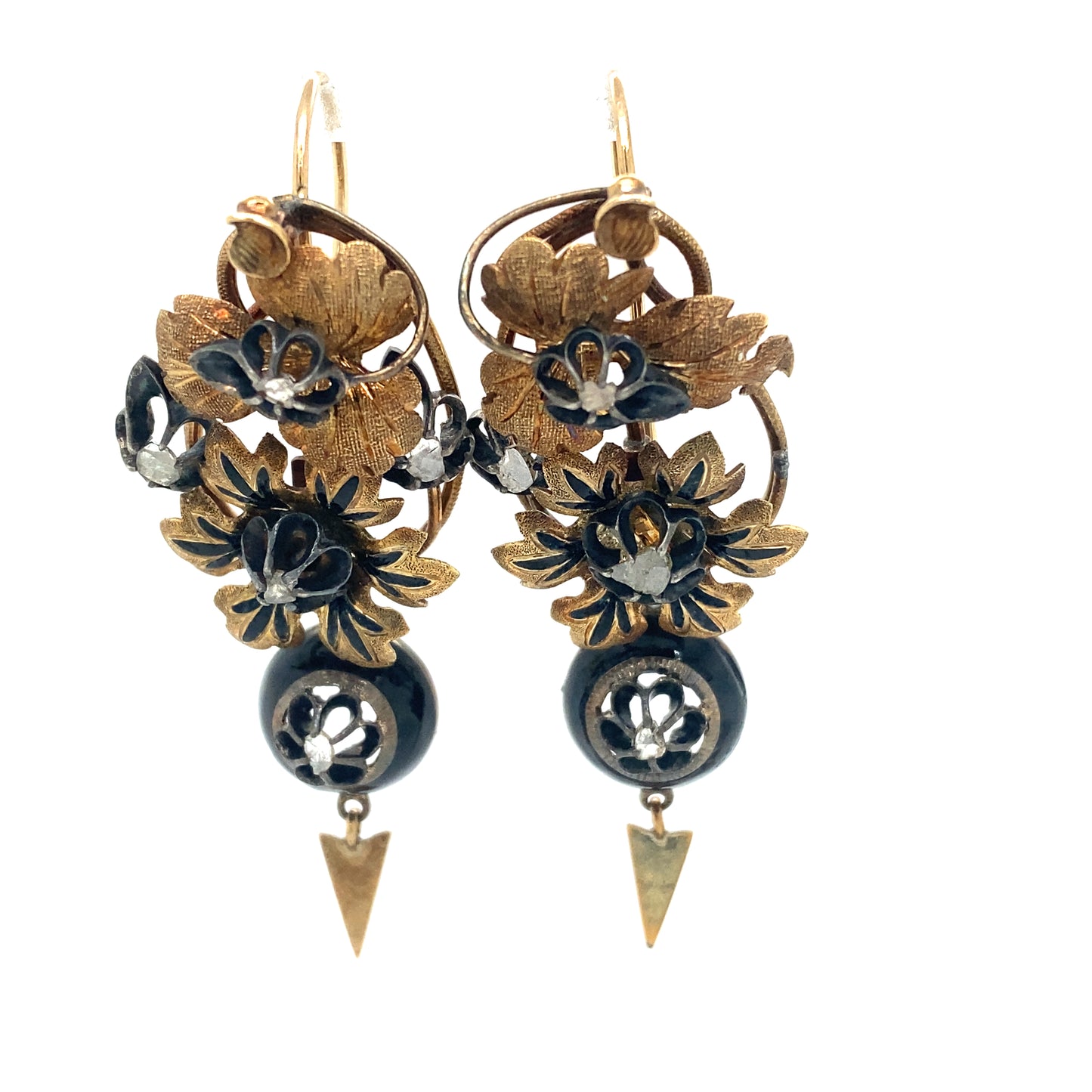Circa 1870s Iberian Diamond Floral Dangle Earrings in Silver/Gold
