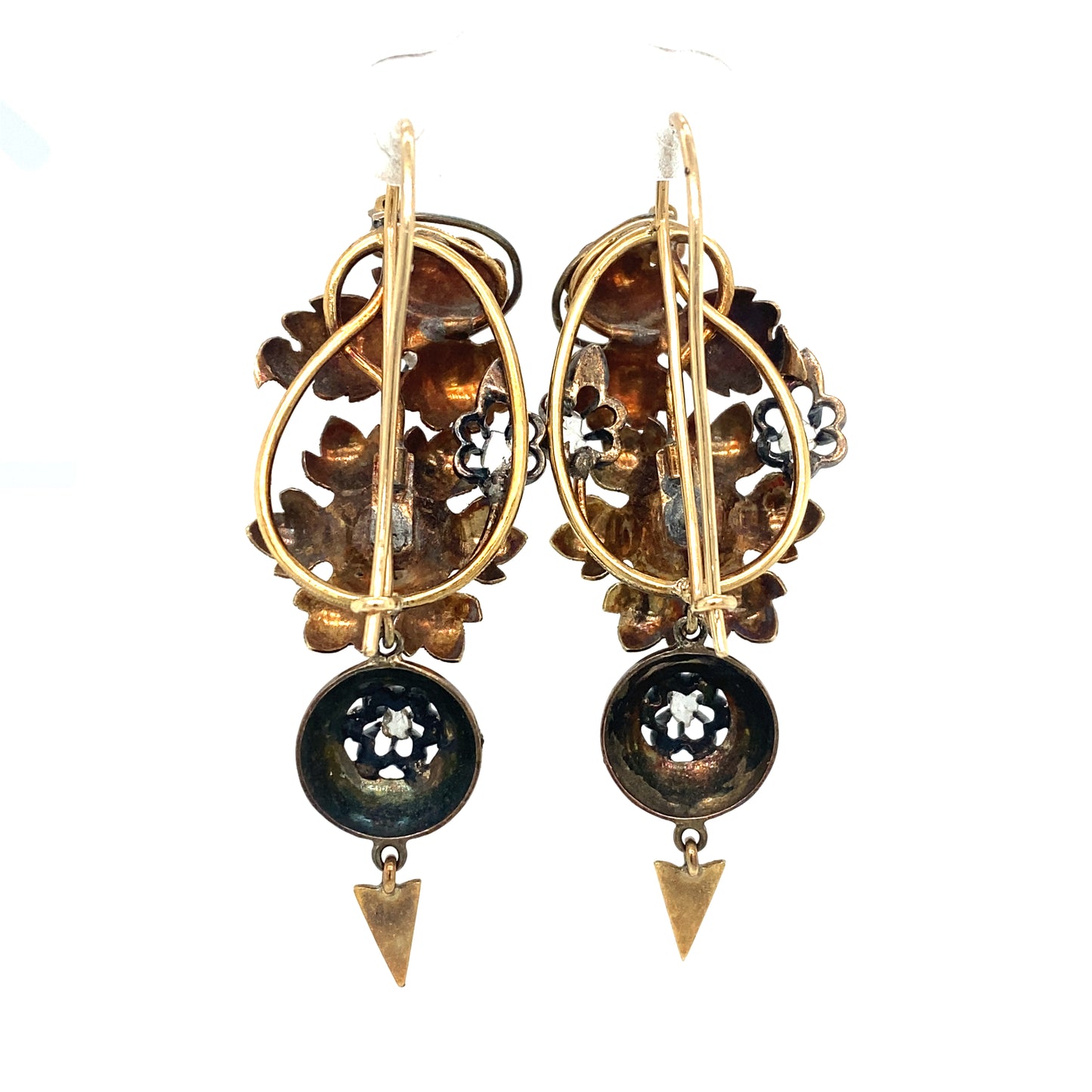 Circa 1870s Iberian Diamond Floral Dangle Earrings in Silver/Gold