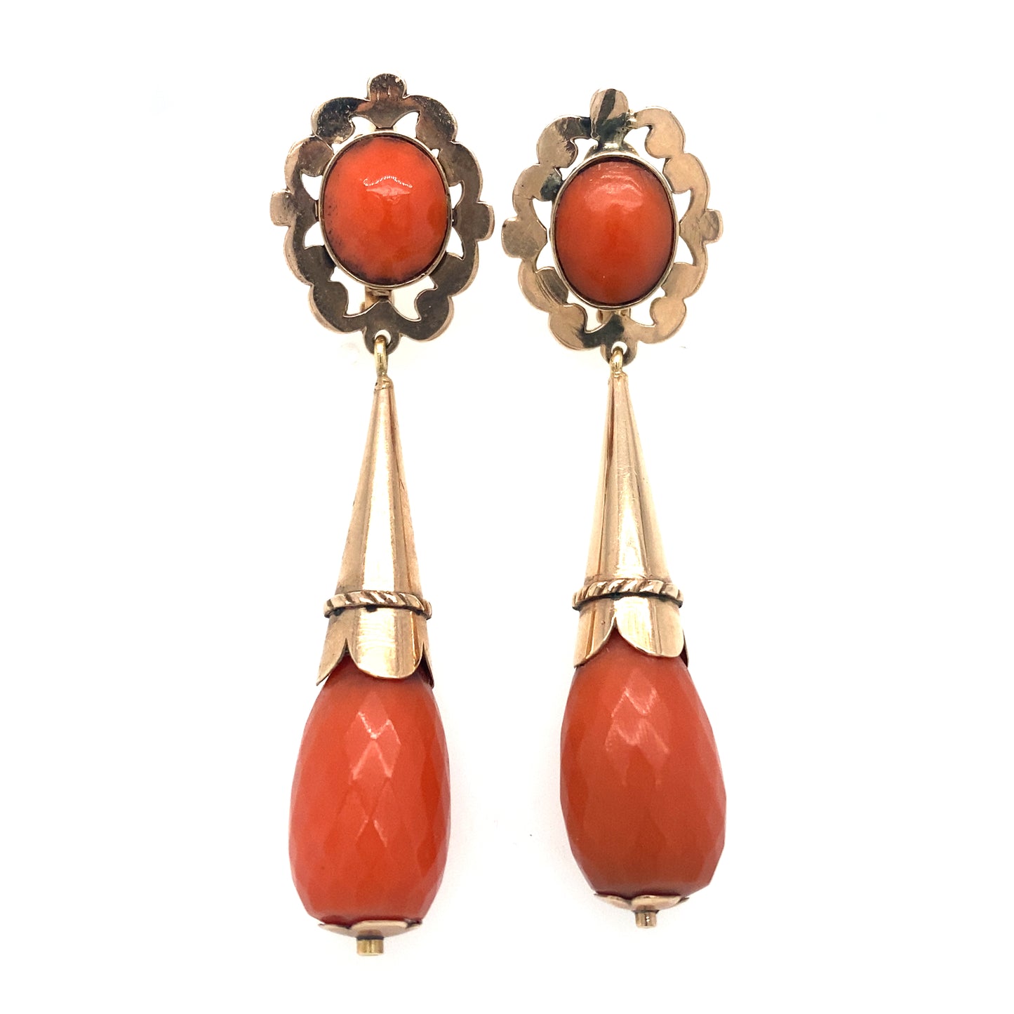 Circa 1890s Victorian Faceted Coral Dangle Earrings in 14K Gold