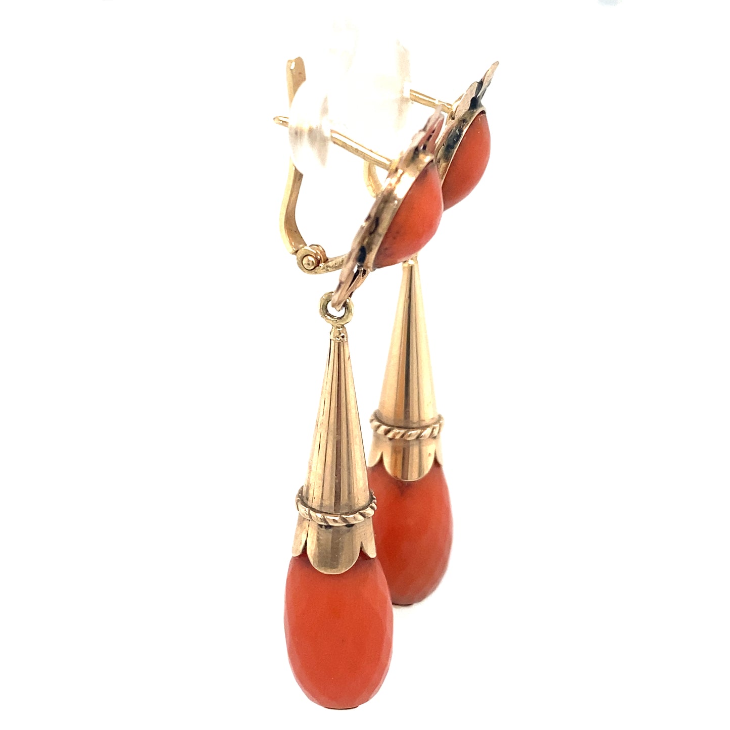 Circa 1890s Victorian Faceted Coral Dangle Earrings in 14K Gold