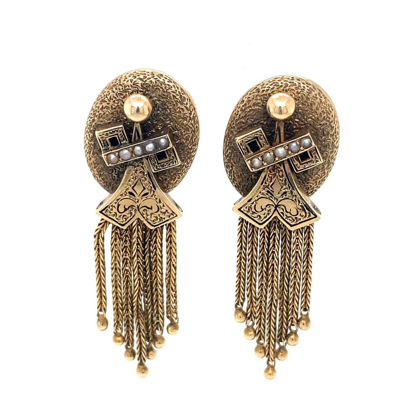 Circa 1870s Victorian Oval Seed Pearl Earrings with Tassels in 14K Gold