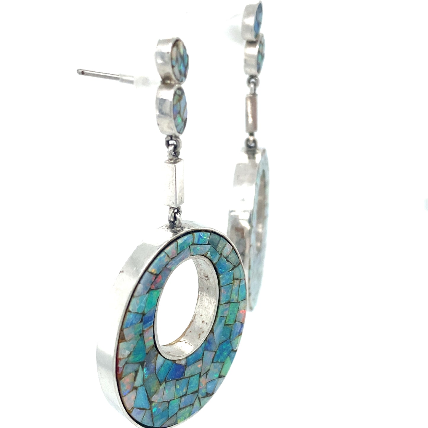 Circa 2000s Mosaic Opal Dangle Earrings in Platinum