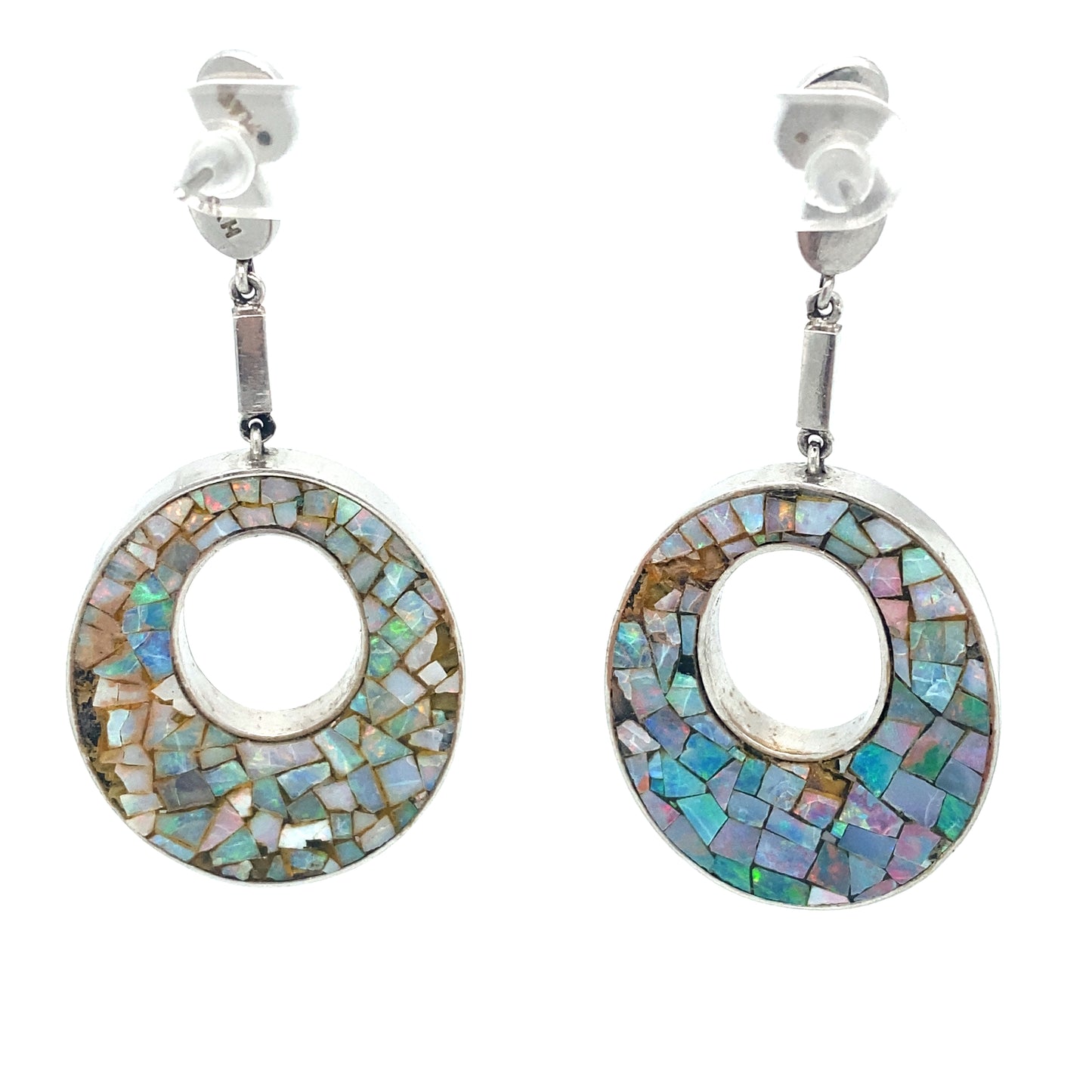 Circa 2000s Mosaic Opal Dangle Earrings in Platinum