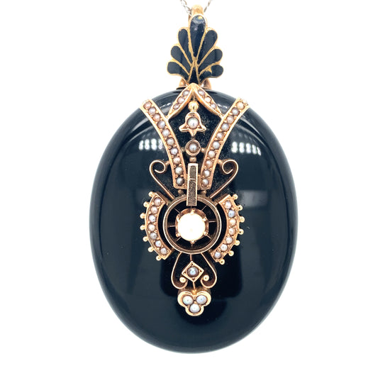 Circa 1870s Onyx Mourning Pendant with Pearls and Original Photo in 10K Gold
