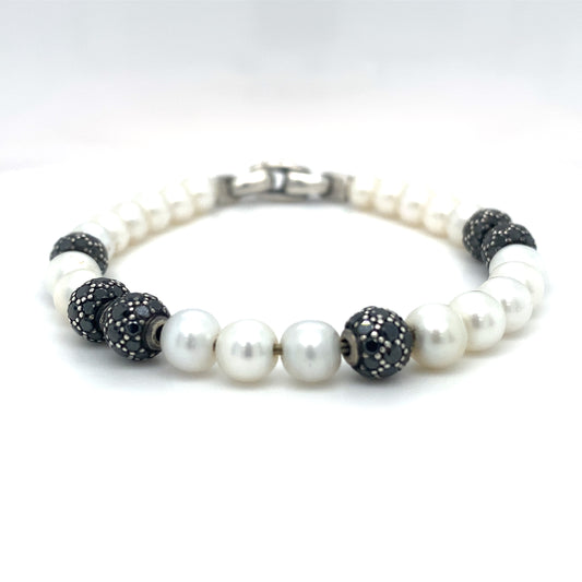 DAVID YURMAN Spiritual Beads Pearl and Black Diamond Bracelet with Silver Clasp