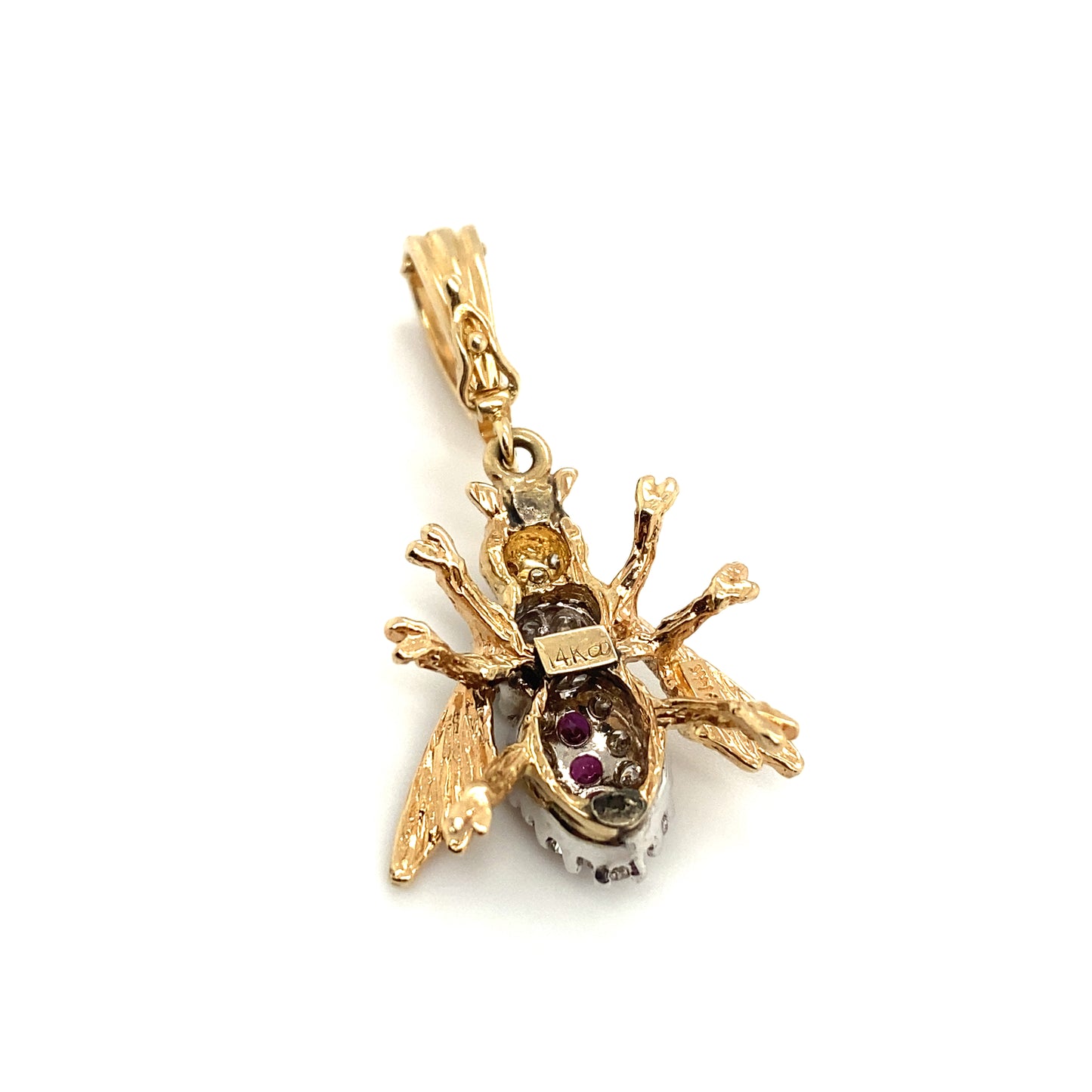 Circa 1980s Ruby and Diamond Bee Pendant in 14K White/Yellow Gold