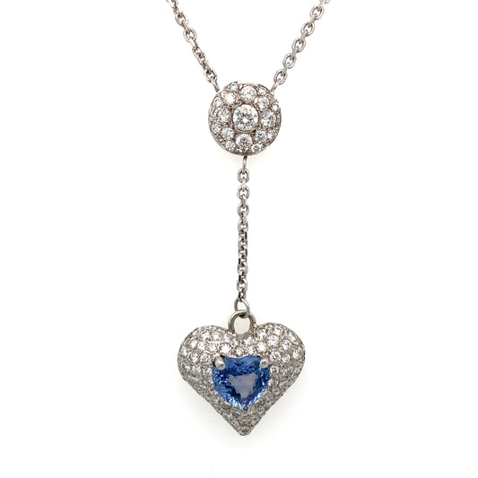 Circa 1980s 1.30ct Heart Cut Sapphire and Diamond Necklace in 14K White Gold