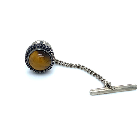 Circa 1910s Tiger's Eye Tie Tack in 950 Silver