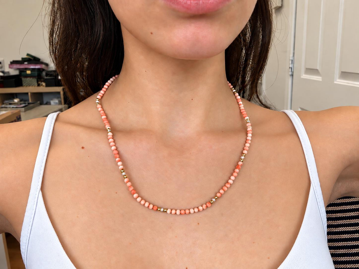 14K Yellow Gold Coral Bead Necklace with 14K Beads and Pearls - VHK#218