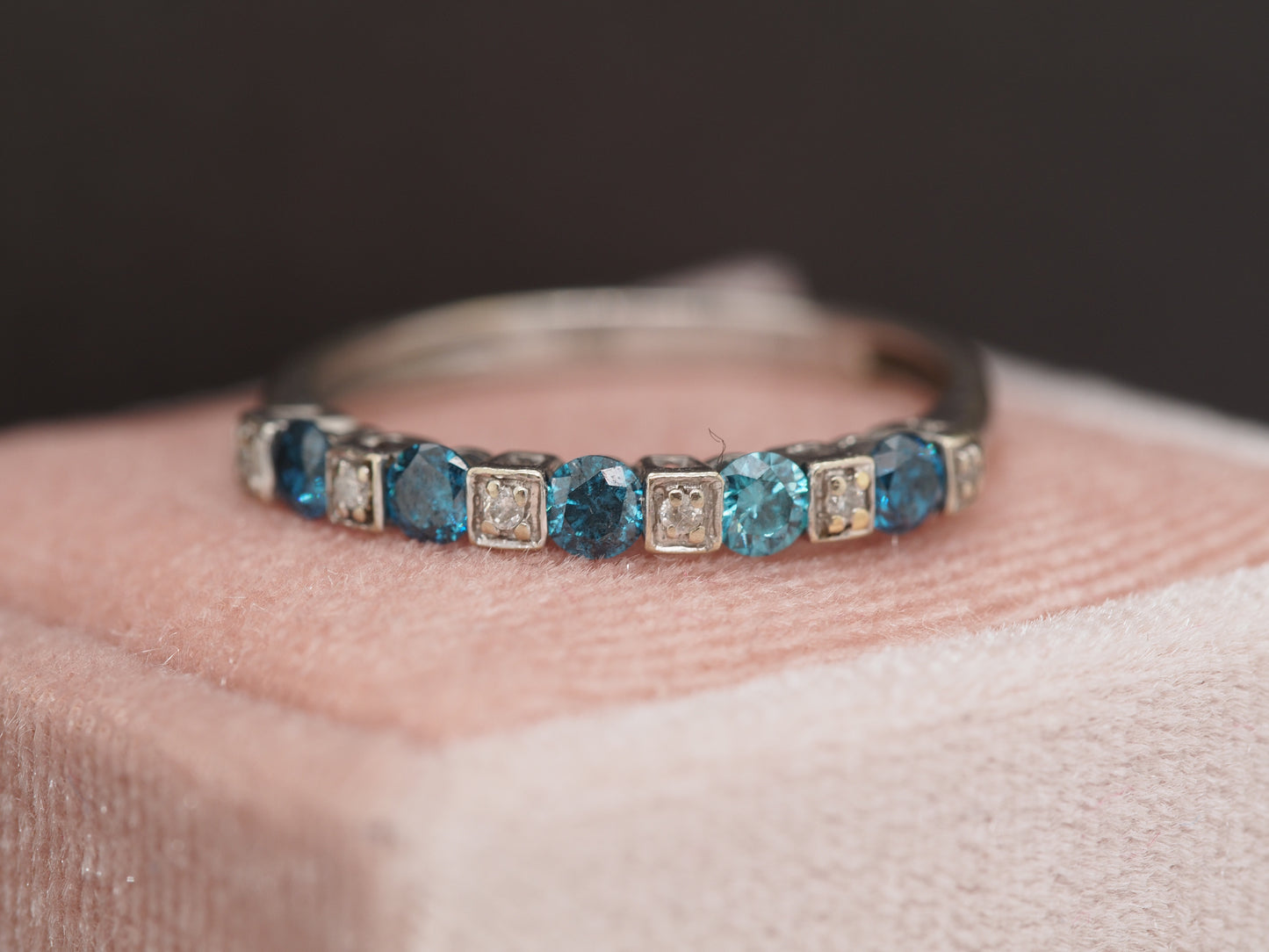 1950 14K White Gold .75cttw White & Blue Round Brilliant Diamond Engagement Ring