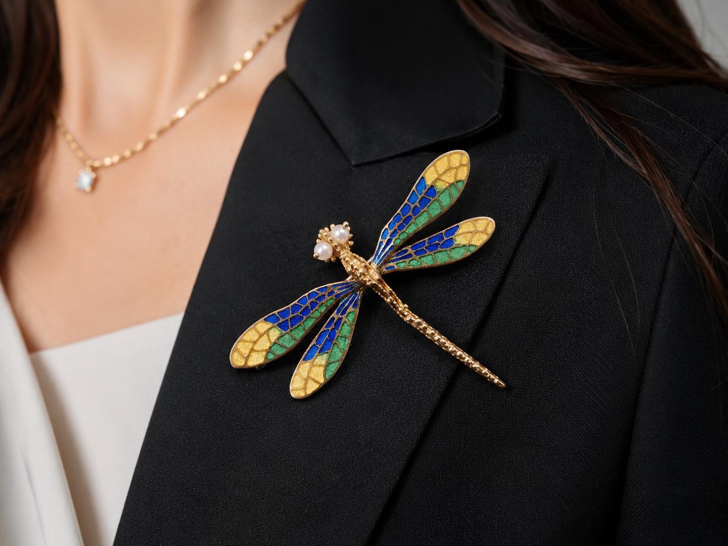Estate 18K Yellow Gold Enamel Dragonfly Brooch with Enamel and Pearl - VHK#140C