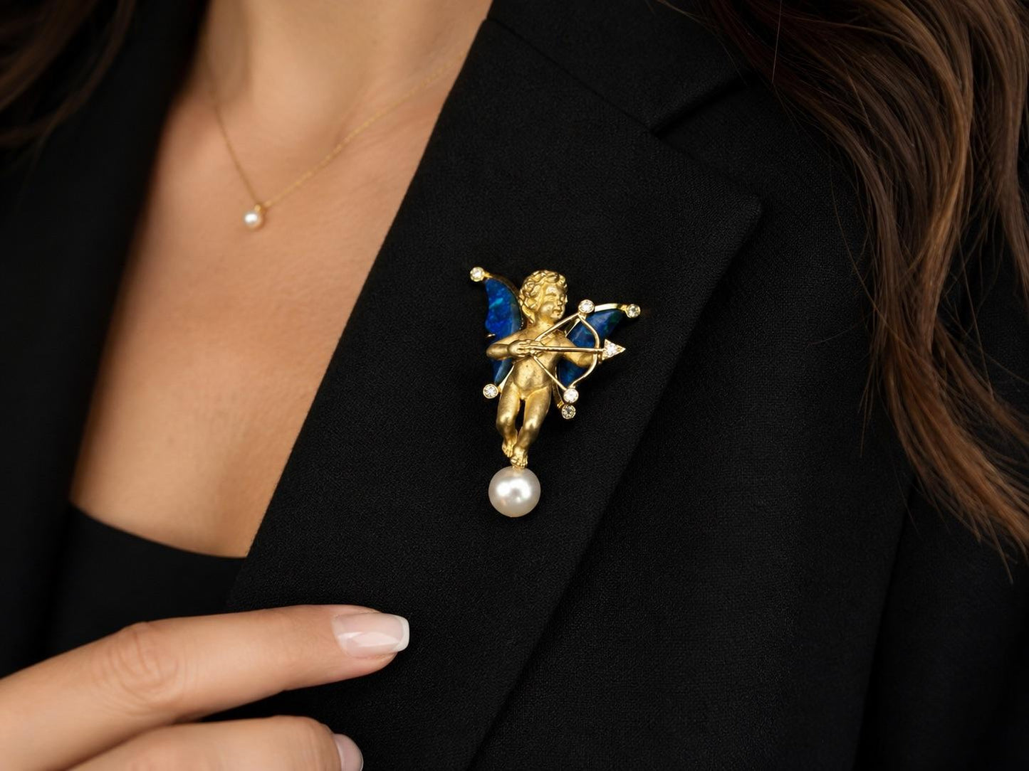 Estate 18K Yellow Gold Cupid Shooting Arrow with Opal, Diamond and Pearl
