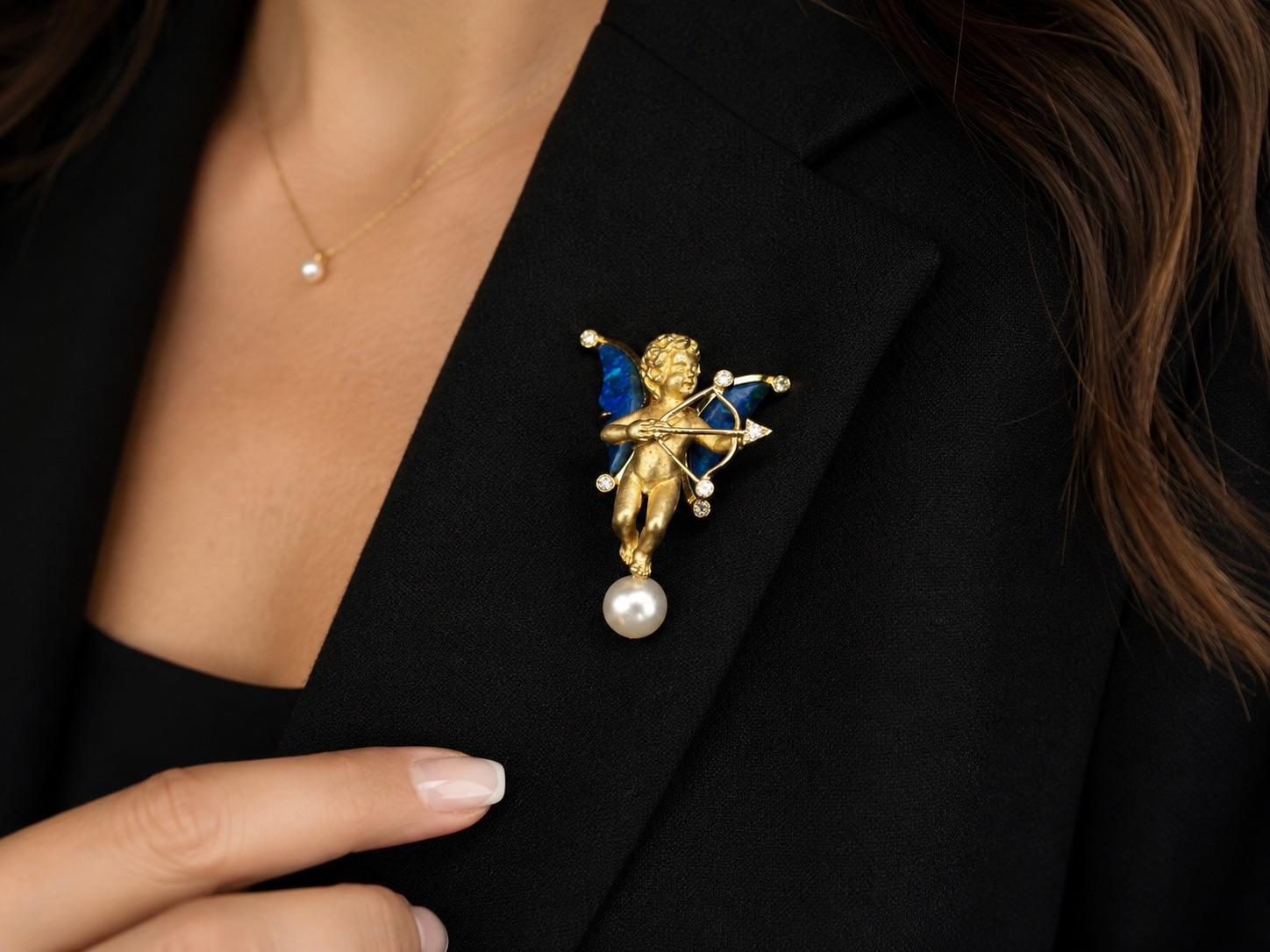 Estate 18K Yellow Gold Cupid Shooting Arrow with Opal, Diamond and Pearl