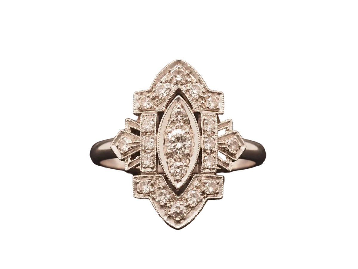 Estate Art Deco Platinum Diamond Shield Ring - VHK#1034