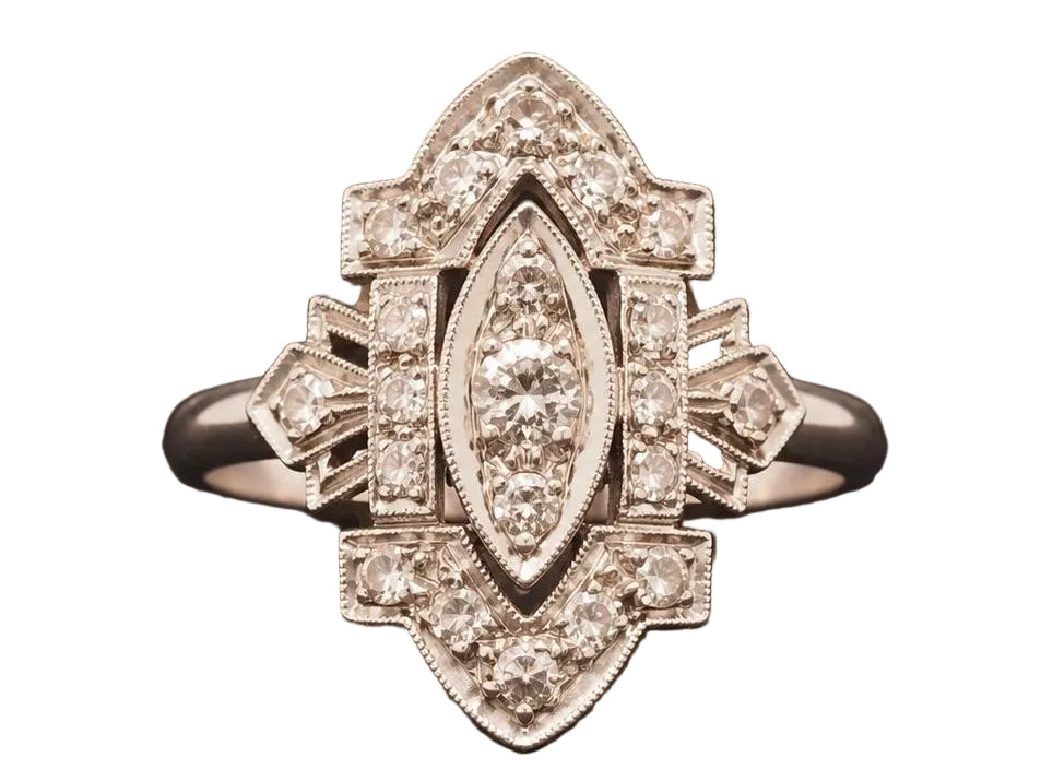 Estate Art Deco Platinum Diamond Shield Ring - VHK#1034