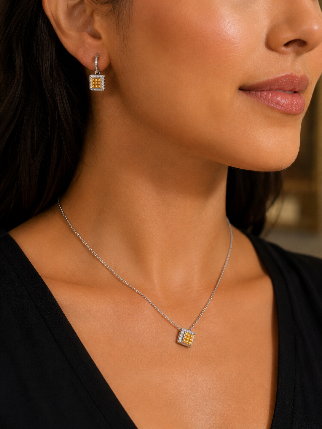 18K Gold Yellow &amp; White Diamond Earring and Necklace Set - VHK#334