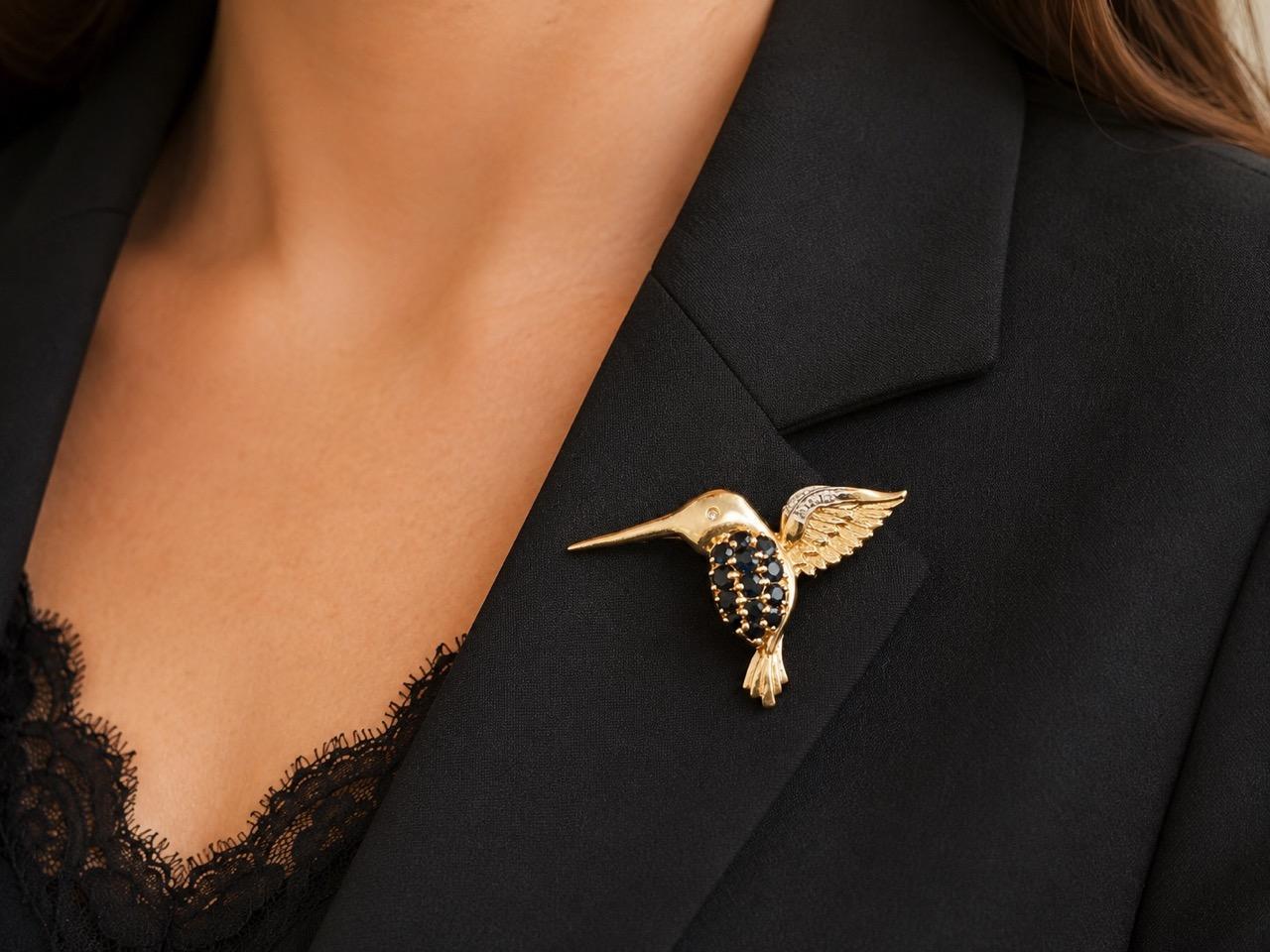 Estate 14K Yellow Gold Sapphire and Diamond Hummingbird Pendant and Brooch