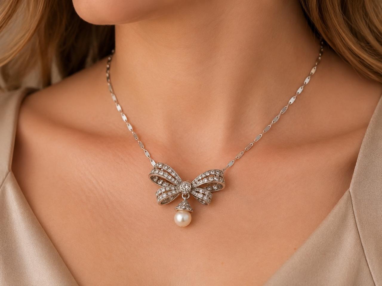 Estate 18K White Gold Diamond and Pearl Ribbon Pendant Necklace - VHK#966A