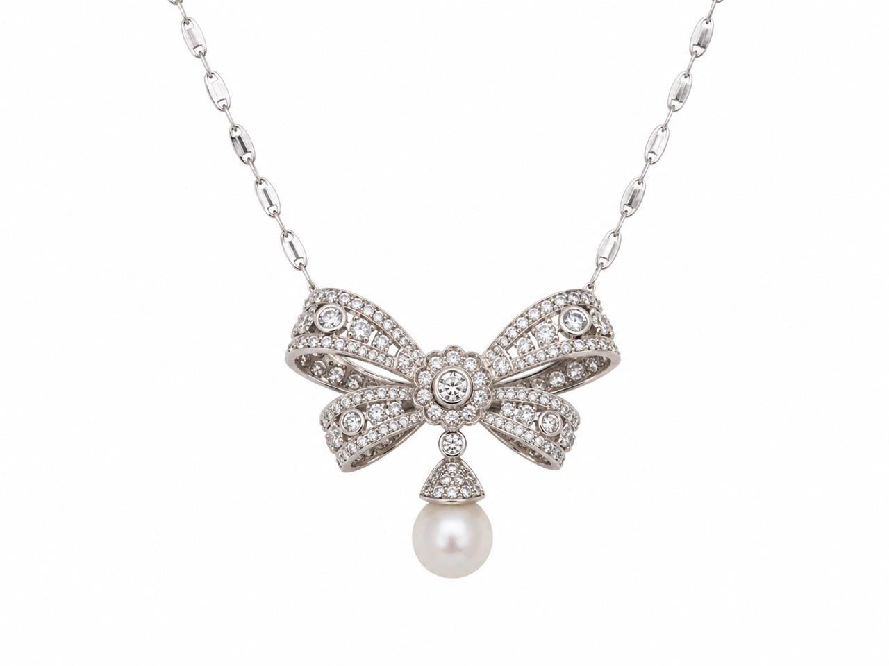 Estate 18K White Gold Diamond and Pearl Ribbon Pendant Necklace - VHK#966A