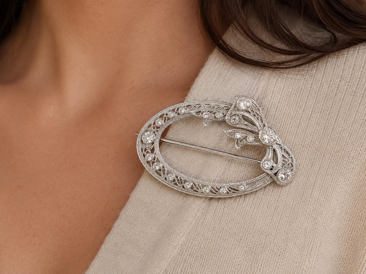 Estate Vintage 14K White Gold Old European Diamond Brooch - VHK#605A