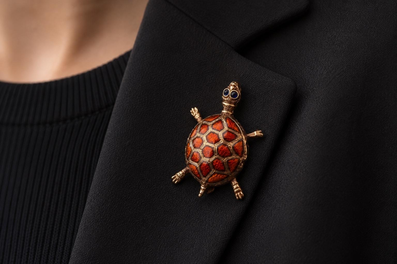 Estate 14K Yellow Gold Enamel Turtle Brooch Pin - VHK#675A